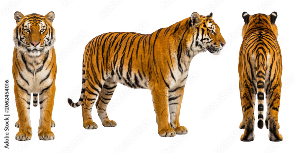 Obraz premium Three views of standing orange tiger isolated on transparent background