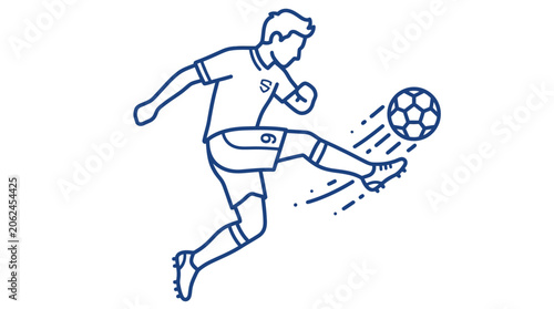 Fényképezés Blue line art illustration of a professional male soccer player jumping to kick