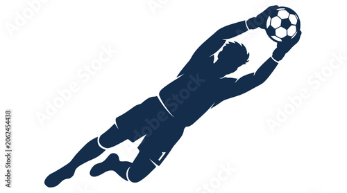 Vászonkép Athletic soccer goalkeeper silhouette in mid-air dive action catching a football