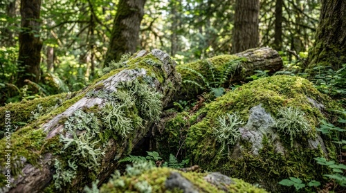 Moss covered forest floor with trees.