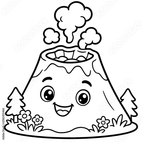 Cute smiling volcano character coloring page, cartoon volcano with happy face, thick bold outlines, simple black and white line art, children's coloring book illustration, printable worksheet, isolate