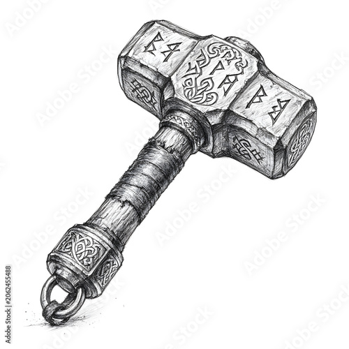 Hand drawn Norse thunder hammer sketch, detailed pencil drawing, ancient Viking runes, realistic metal texture, concept art style, monochrome illustration, white background, highly detailed, 8k