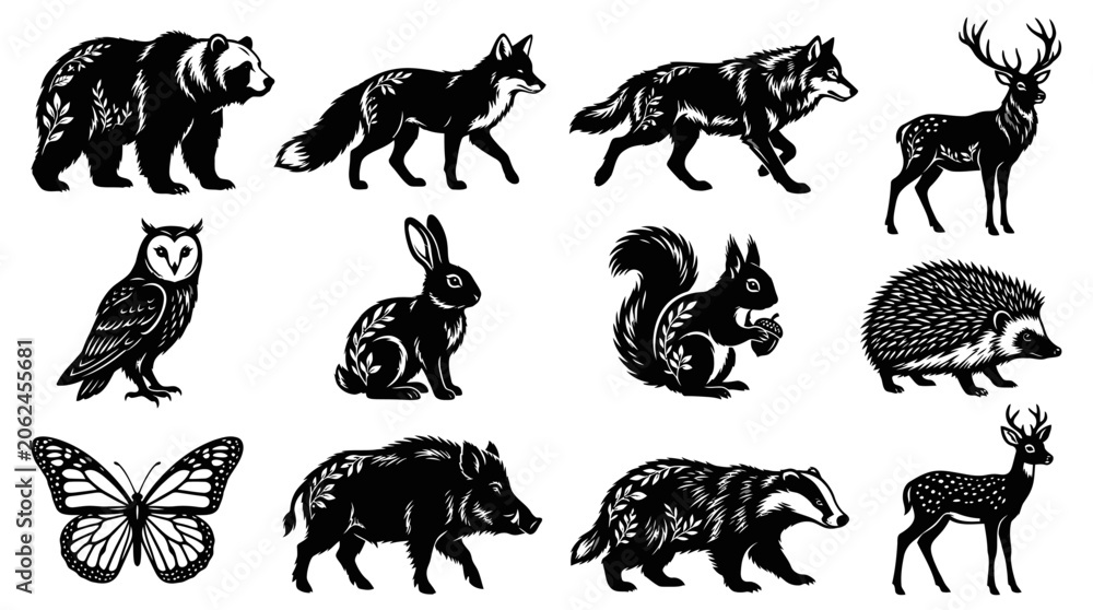 Obraz premium Various animals including a panda, wolf, deer, owl, rabbit, and squirrel are illustrated.