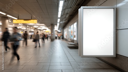 Modern metro platform featuring empty advertisement billboard and moving commuters