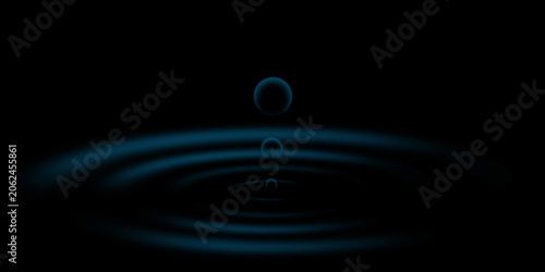 Minimalist digital graphic of glowing blue water droplets falling to create soft ripple waves against dark black background
