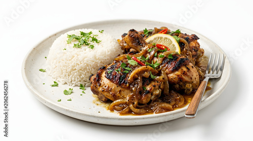 Authentic Senegalese Yassa Poulet, lemon chicken and onion stew on white rice, isolated on a pure white background