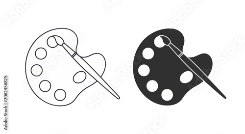 Artistic palette and paintbrush icons set in outline