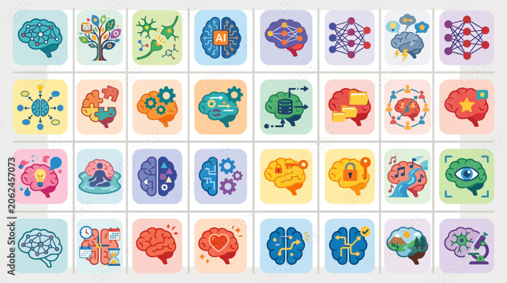 Obraz premium Colorful brain and neuron icons set.