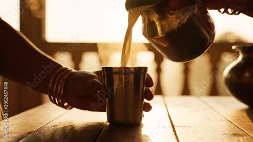 Hands Pouring Liquid into Metal Cup in Warm Kitchen Setting