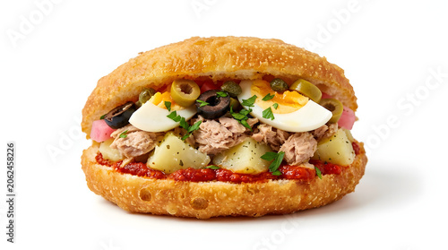 Gourmet Tunisian Fricassé fried sandwich filled with tuna, potato, and egg, isolated on a pure white background