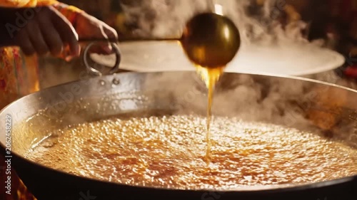 Stirring Large Potting Sauce in Steam Filled Outdoor Kitchen