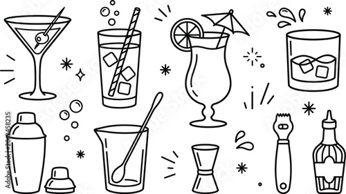 Foto Cocktail bar and mixology drink element set with shaker martini glass jigger and