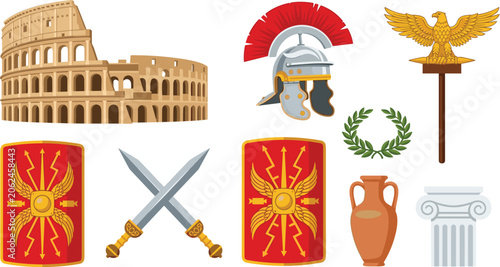 Foto Ancient Roman Empire Culture and Military History Vector Icon Set with Colosseum