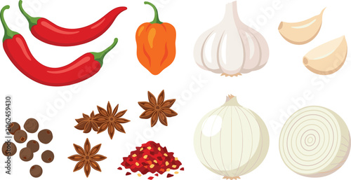 Foto Fresh Cooking Spices and Aromatics Vector Icon Set with Chili Peppers Garlic Oni