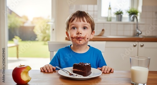 Young boy enjoys a chocolate cake with apple and milk indoors