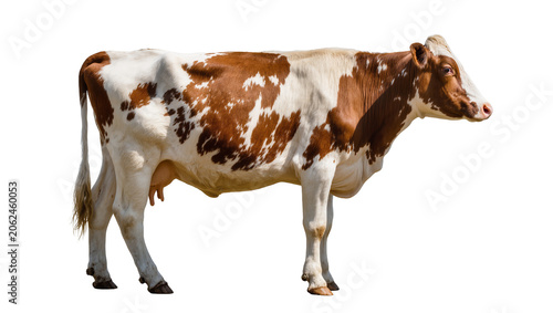 Fotografie Brown and white spotted cow standing profile view