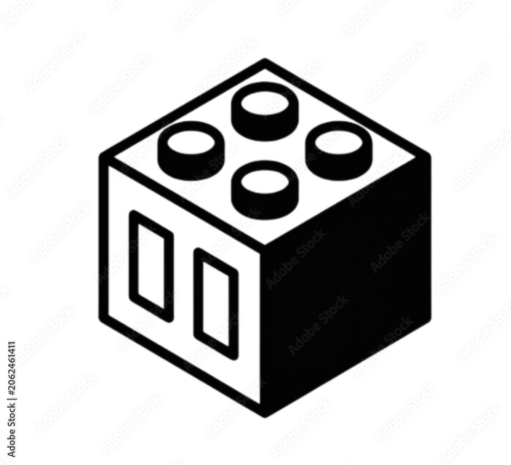 Obraz premium Minimalist black and white vector image of a classic toy building block showing studs and modern geometric line art for educational design projects