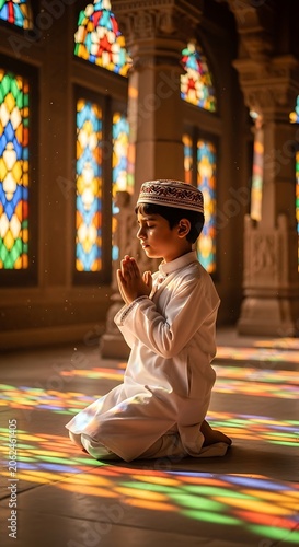 Young boy in traditional attire praying near colorful stained glass windows