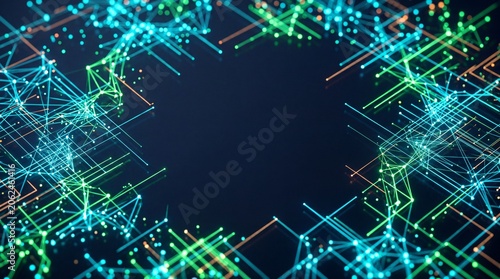 3d network nodes connected with glowing neon lines on dark background