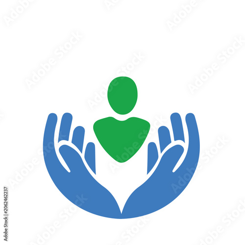 Caring hands protecting a human figure with a heart concept logo or icon