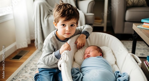 Young boy looks at newborn baby in a bassinet inside a home