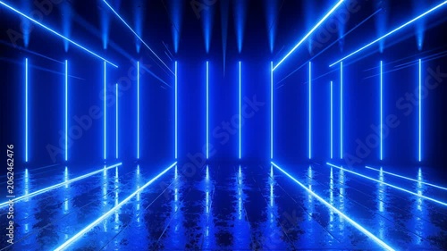 Blue neon light lines creating a futuristic virtual reality room on a dark wet floor surface with reflections.