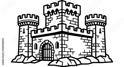 Photos Mighty medieval fortress castle vector image featuring stout stone towers with battlements and a massive secure wooden gate entranceway