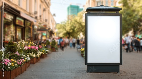 White marketing display panel near shopping street with moving pedestrians and urban lifestyle atmosphere.