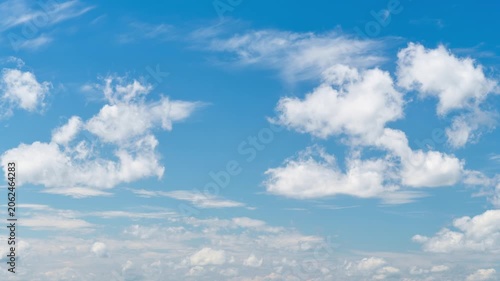 Time lapse video of fluffy white cumulus clouds drifting through a bright blue sky background. Beautiful nature scenery with soft sunlight and airy atmosphere for motion graphics or backdrop