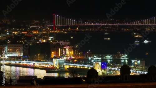 Night cityscape of Istanbul featuring the illuminated Bosphorus Bridge over the sea with glowing urban lights, passing boats, and a beautiful skyline under a dark sky in Turkey