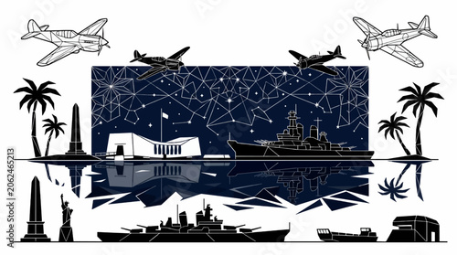 Φωτογραφία Vector Illustration Set: USS Arizona Memorial, Battleships, and WWII Airplanes w