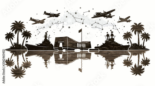 Canvas Print Vector Silhouette of USS Arizona Memorial with Battleships and Airplanes, Palm T