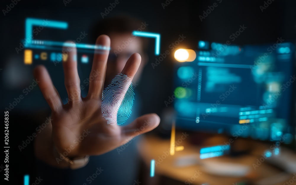 Fototapeta premium Advanced AI Tool Interface with Hand Interaction at Modern Desk
