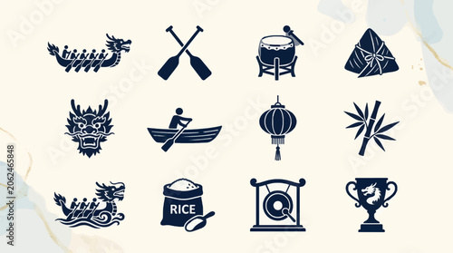 Collection of Dark Blue Silhouette Icons for Dragon Boat Festival: Dragon Boat, Oars, Drum, Zongzi, Dragon Head, Rowboat, Lantern, Bamboo, Rice Bag, Gong, Trophy