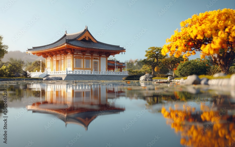 Obraz premium Traditional Temple Structure Surrounded by Peaceful Natural Landscape