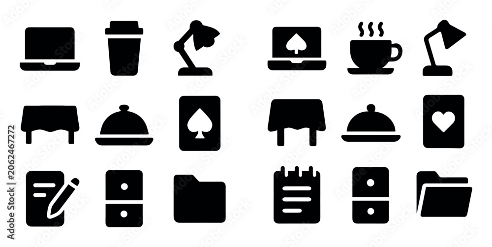 Fototapeta premium Office and workspace design icons with laptop, lamp and folder for presentation design in solid style