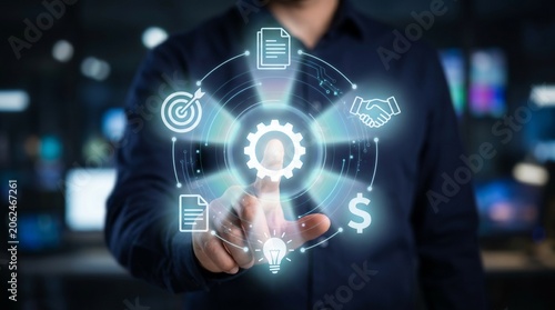 Business professional using digital interface showing business growth icons and circular navigation menu for corporate strategy development and financial data management analysis