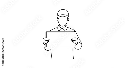 Man Holding Blank Sign: Minimalist Line Art Illustration of Person with Empty Board