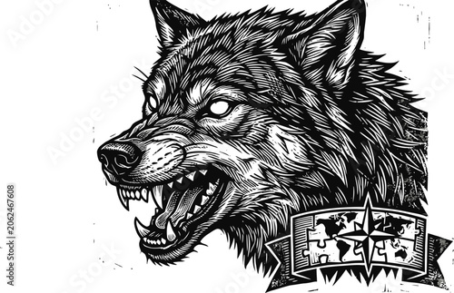 Canvastavla Artistic: Angry snarling wolf tattoo design with world map and compass graphic