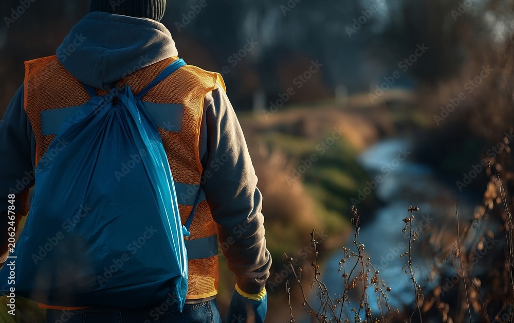 Fototapeta premium Volunteer Working on Environmental Restoration Near a Tranquil Stream