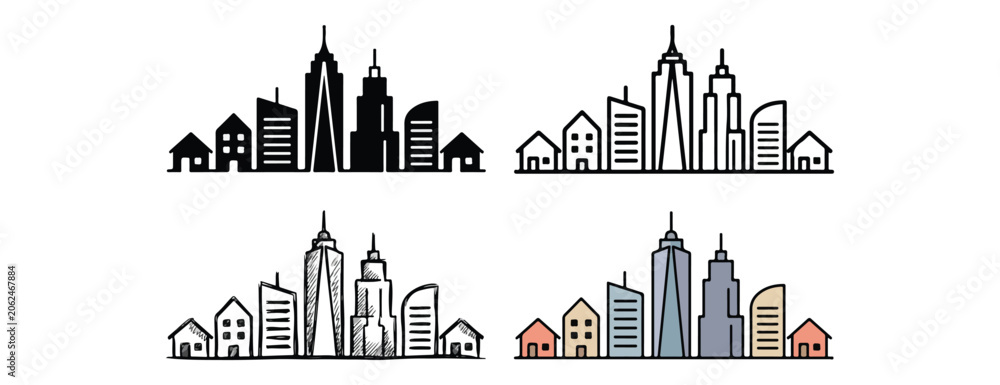 Obraz premium City skylines in different styles and colors urban landscapes with buildings and skyscrapers cityscape silhouettes and colorful illustrations