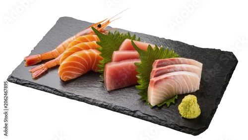 Sashimi platter with salmon tuna hamachi, shrimp and wasabi