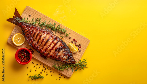 Charred Stuffed Snoek with Fresh Herbs and Lemon Wedges on Yellow Background BBQ Barbecue Braai Scene