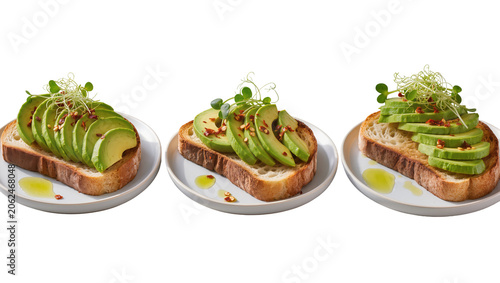 Avocado toast slices with sprouts and chili flakes on sourdough bread