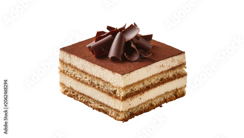 Tiramisu dessert slice with chocolate shavings and cocoa powder dusting