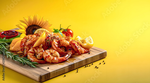 Grilled Prawns with Cherry Tomatoes, Lemon, Herbs and Sunflower on Wooden Board in Vibrant Yellow BBQ Scene