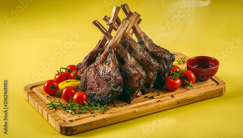 Stacked Charred Lamb Loin Chops with Herbs and Cherry Tomatoes in Vibrant Yellow BBQ Braai Scene