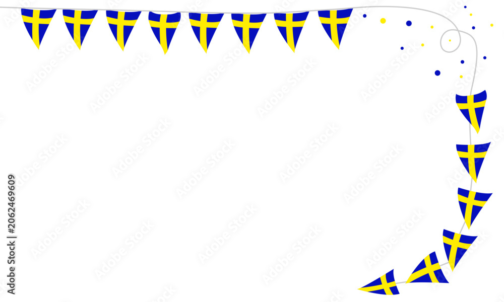 Fototapeta premium Swedish flag corner frame with bunting, confetti and copy space. Festive Sweden national day and midsommar celebration concept for invitation and poster design