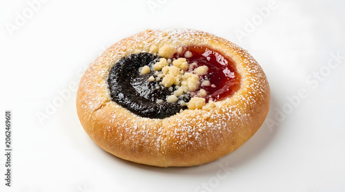 Traditional sweet Czech Kolache pastry filled with fruit jam and poppy seeds, isolated on a pristine white background
