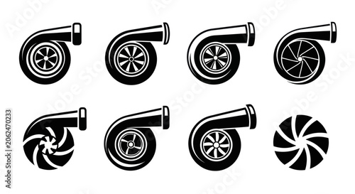 Performance turbocharger turbine icons for car tuning and speed